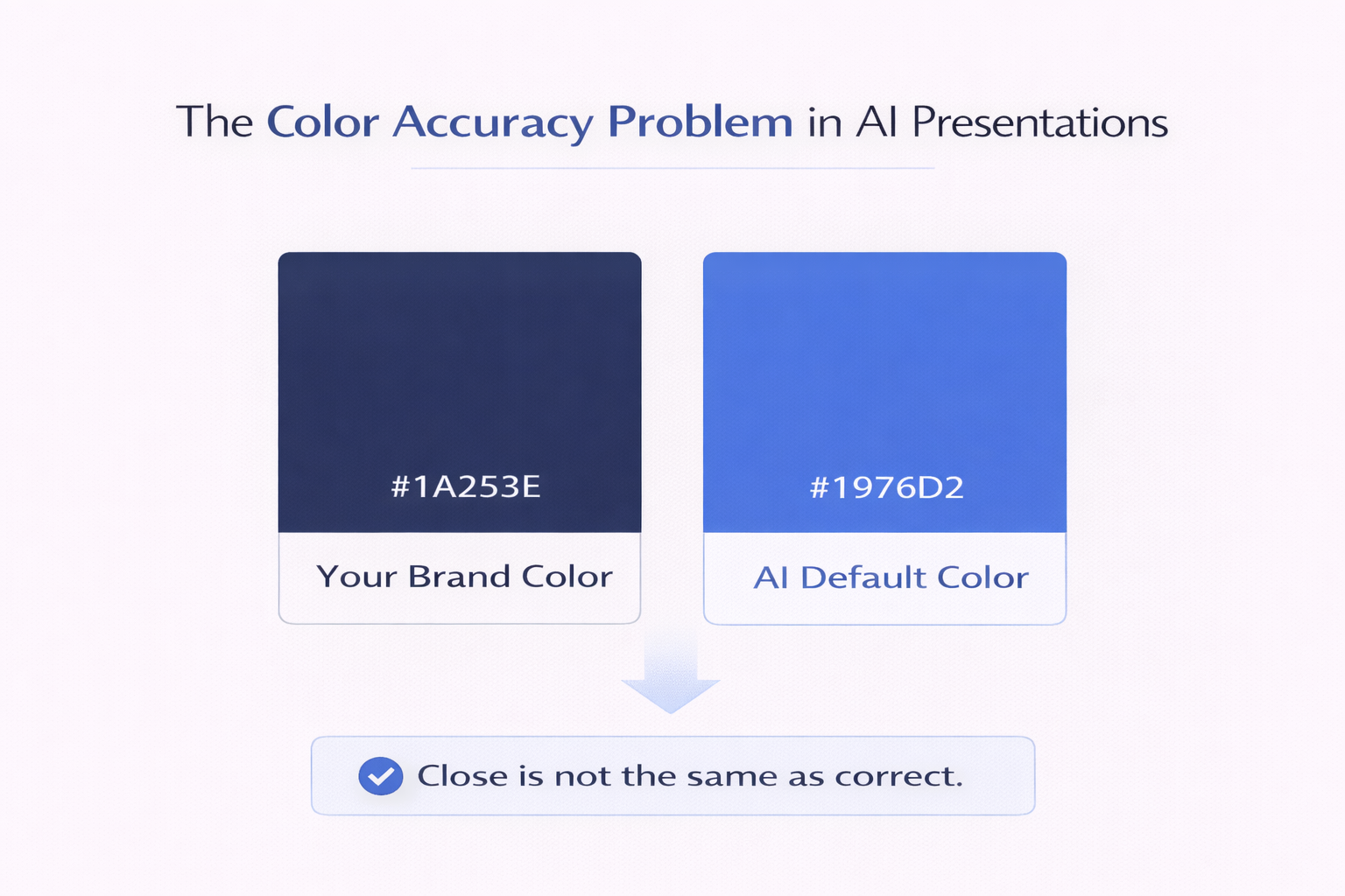 Side-by-side comparison of an exact brand hex color versus a generic AI-applied theme color, illustrating that approximate color matching is not the same as brand-accurate color compliance.