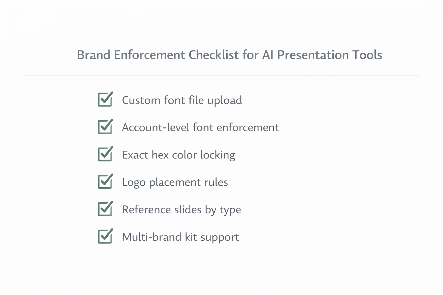 Checklist graphic summarizing key requirements for enforcing brand fonts, colors, and assets in AI presentation tools.