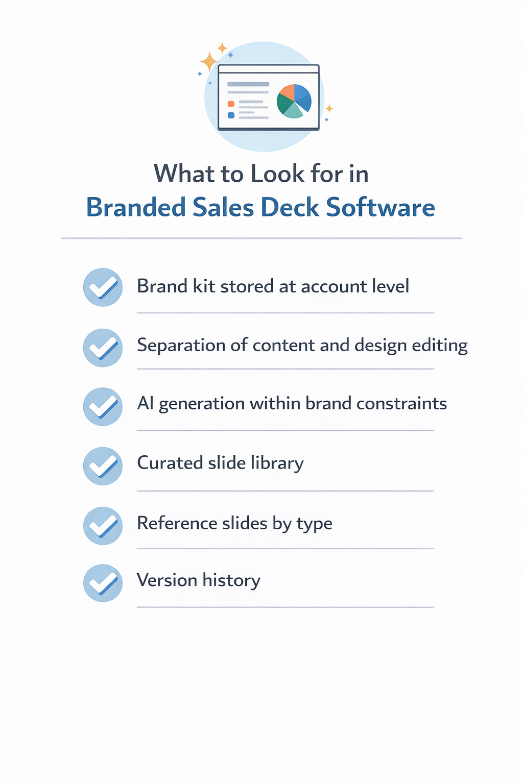 Checklist graphic summarizing the key criteria sales teams should evaluate when choosing presentation software for branded sales decks.