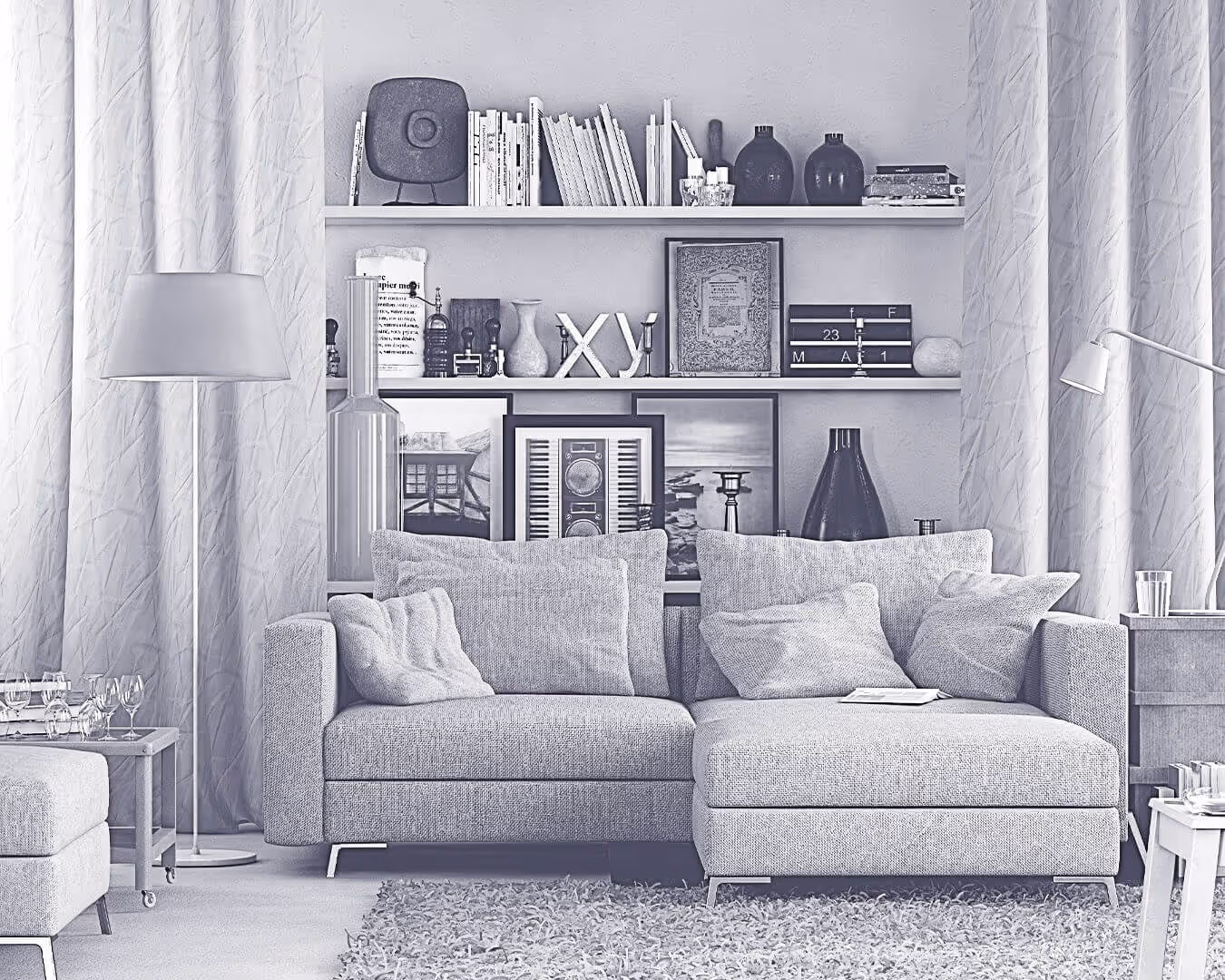 Wohnzimmer mit einem Bücherregal und einem Sofa