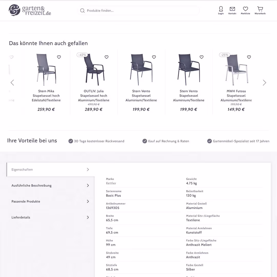 Screenshot of the Garten und Freizeit website.