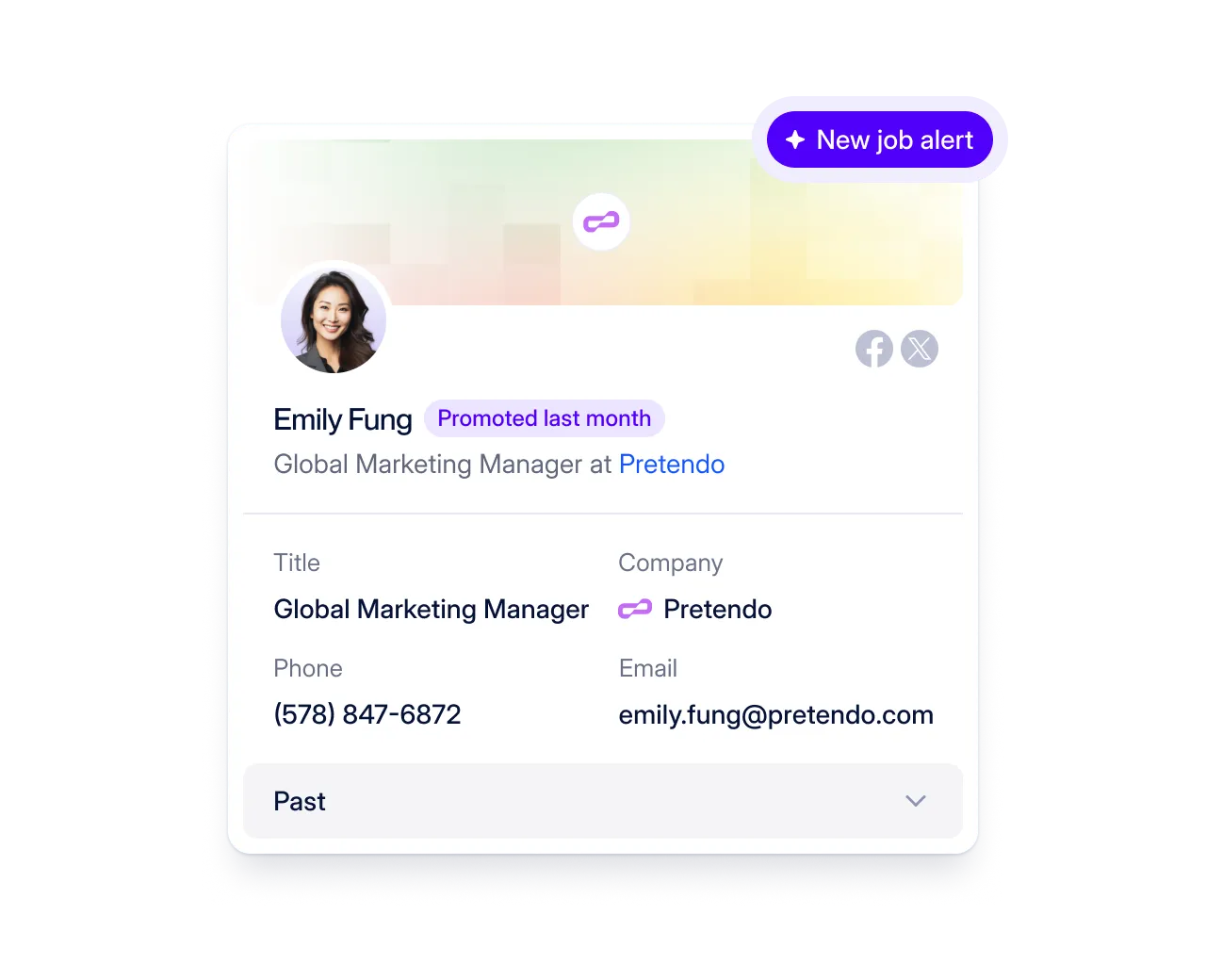 Full contact card with a new job alert