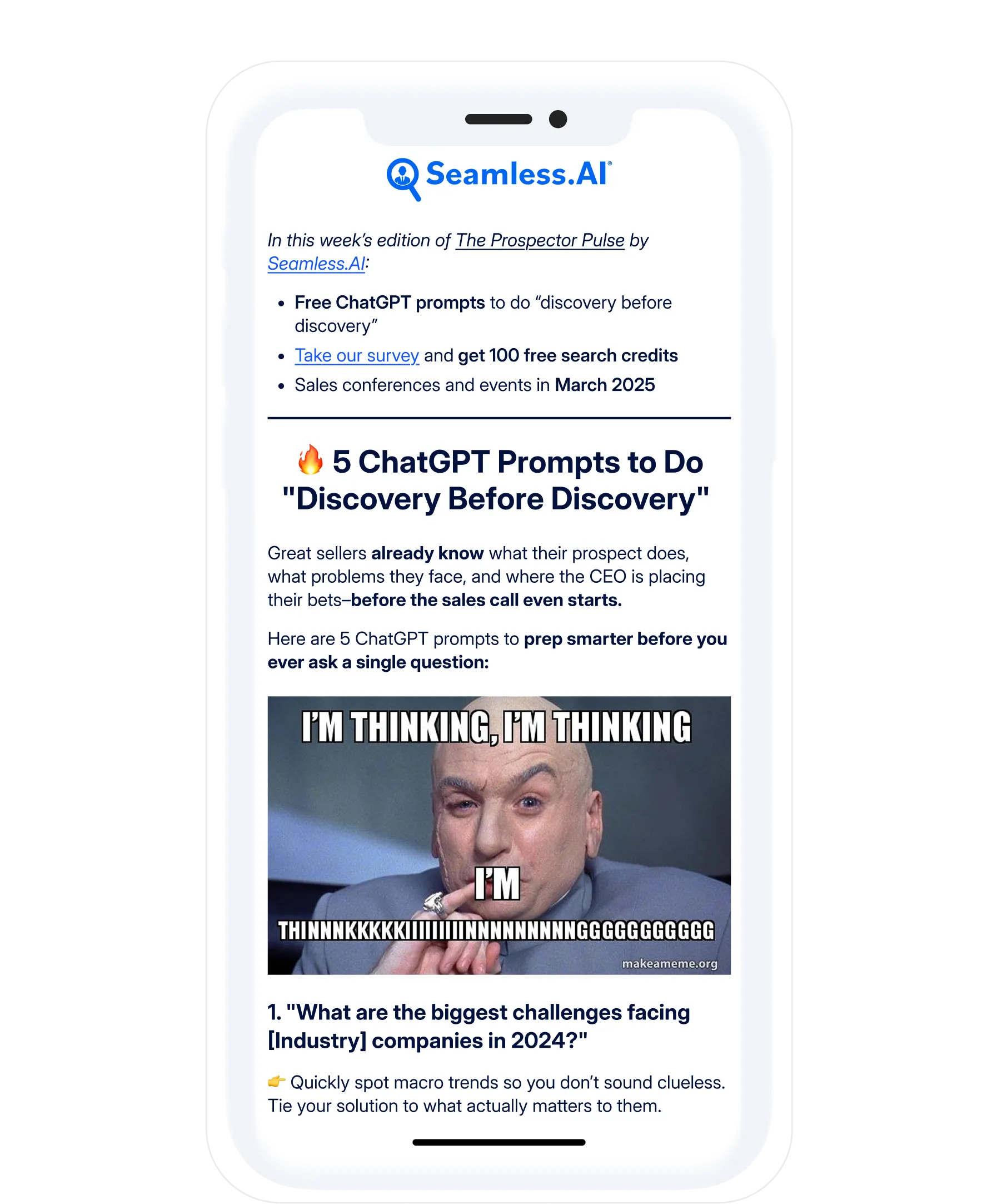 Mobile phone with a preview of The Prospector newsletter from Seamless.AI