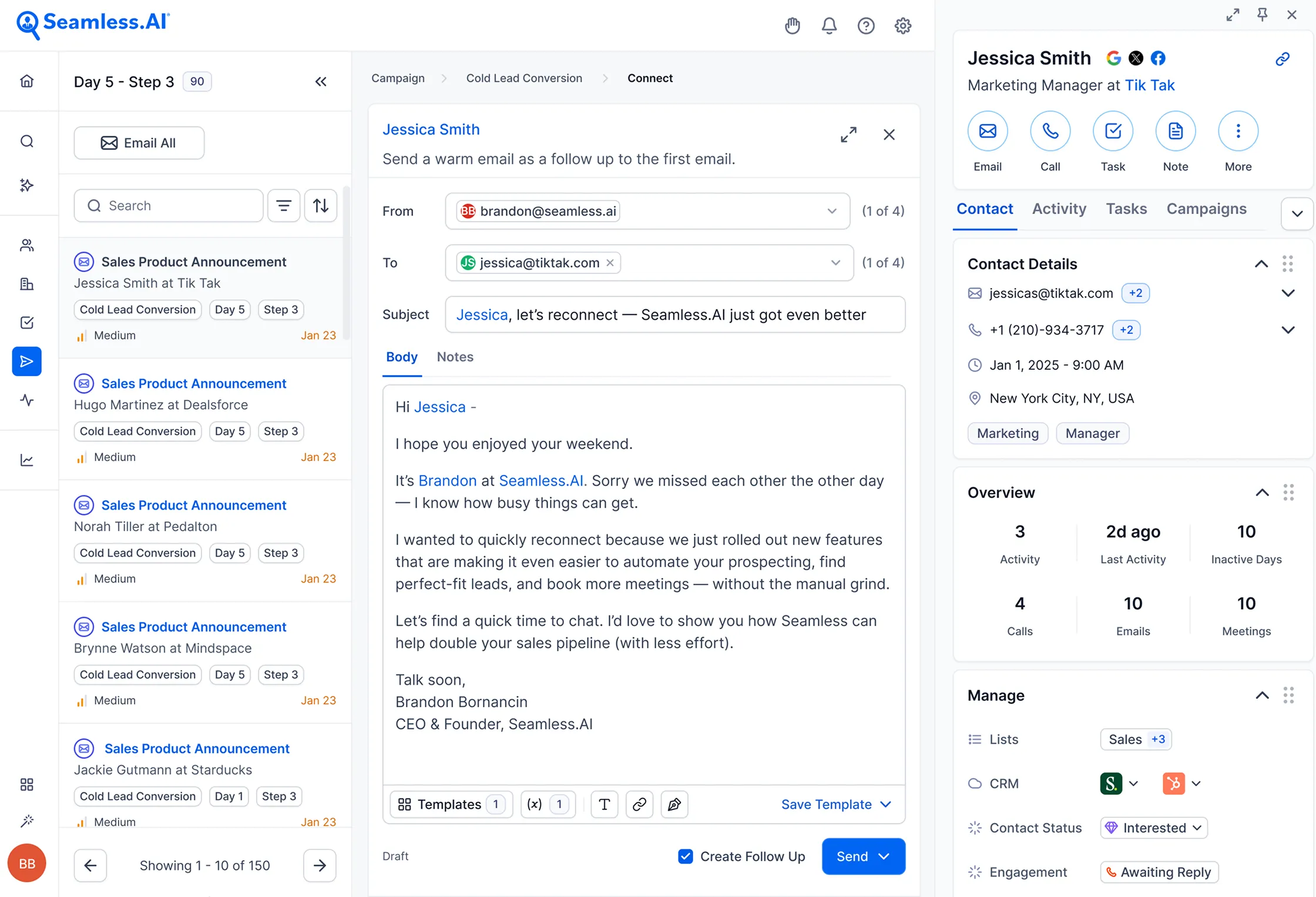 Seamless.AI platform setting up an email for a campaign
