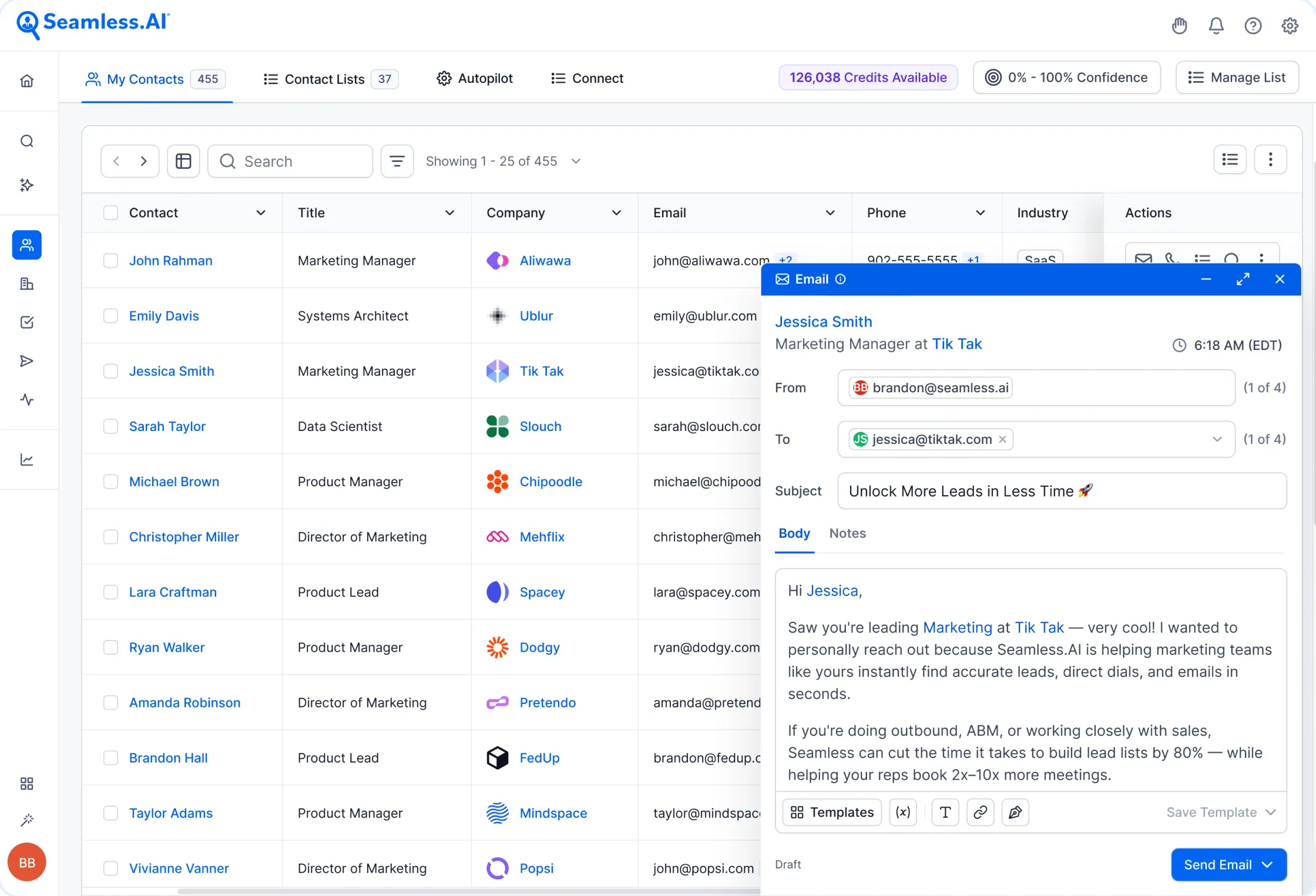 Seamless.AI platform with an open email composition window