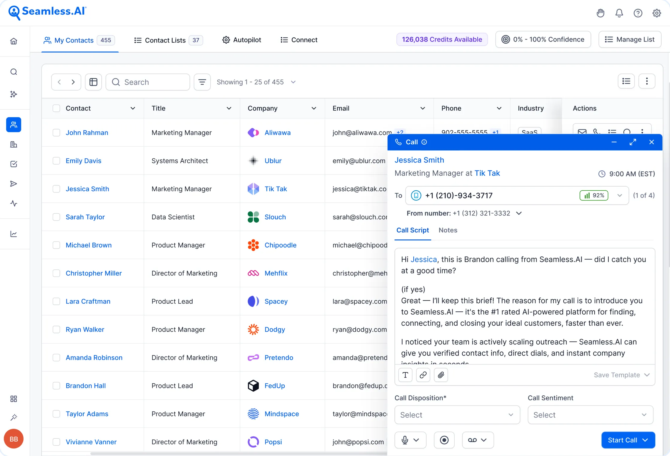 Seamless.AI platform with an open call transcript window from a recent sales engagement activity