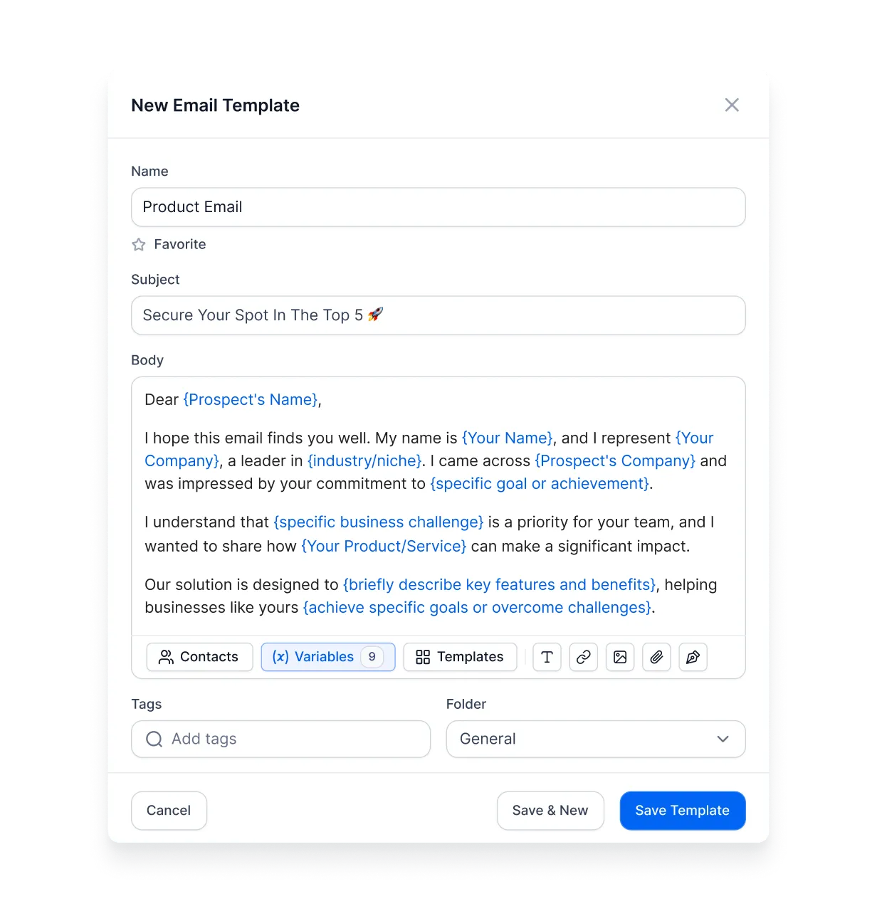 Email composition window that uses tokens to fill in specific information for the contact