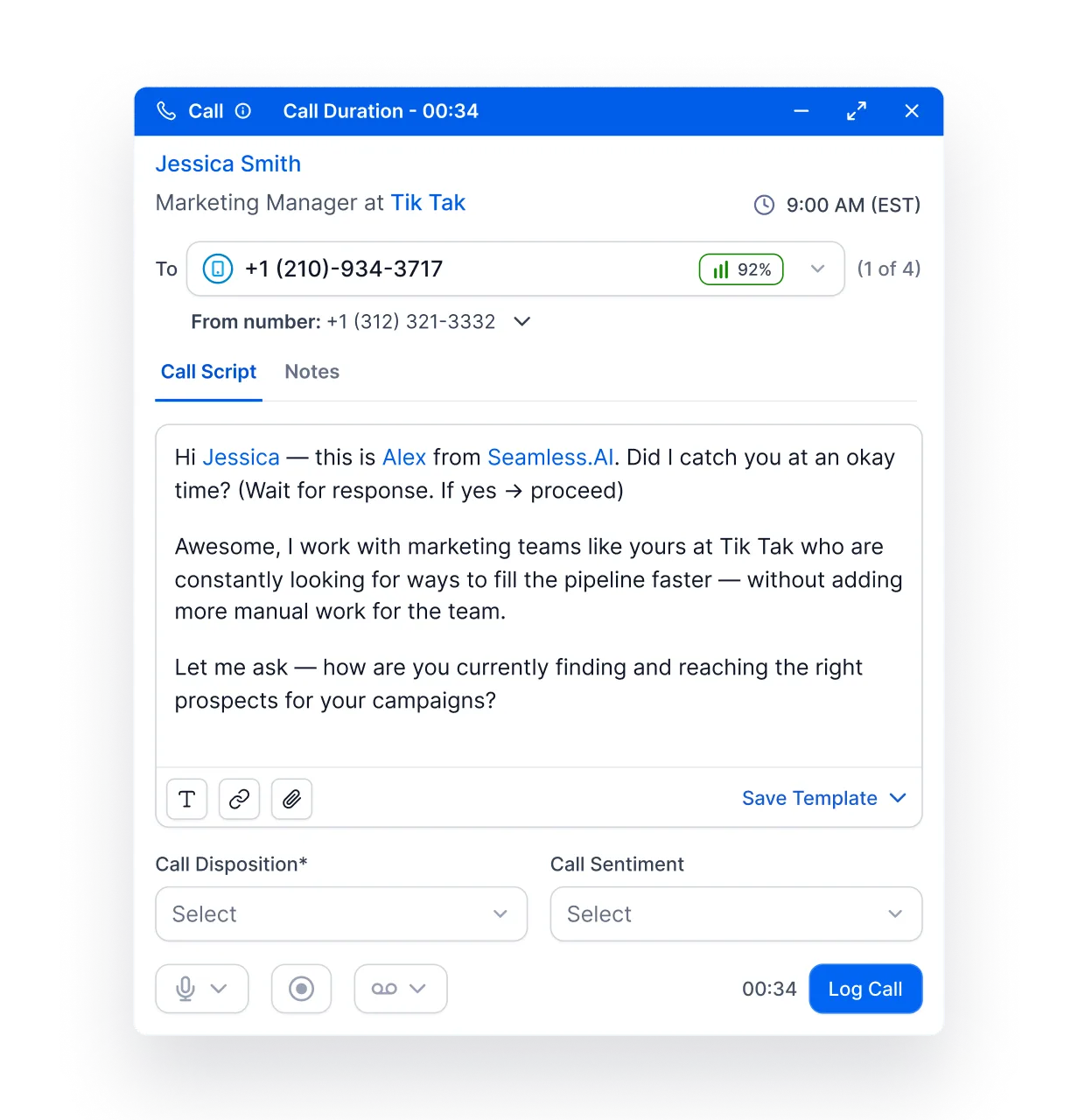 Call transcript window from a recent sales engagement activity log