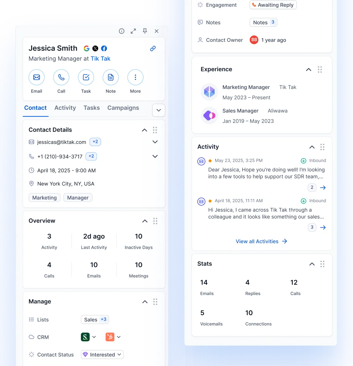 Flyout panels showing a contact's recent sales engagement activity within the Seamless.AI Chrome Extension