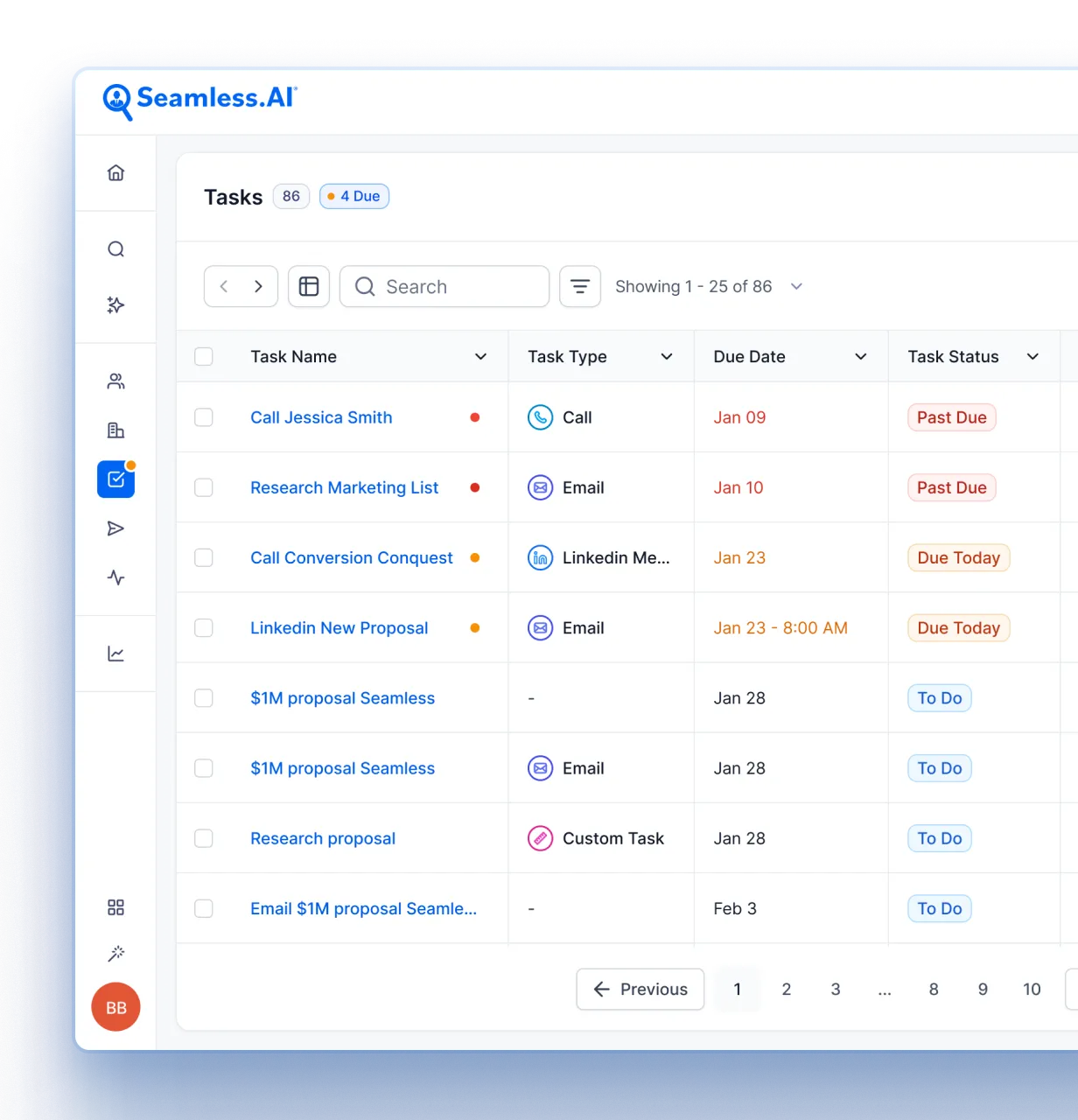 Crop of the Seamless.AI platform showing the current user's task list to engage with their prospects