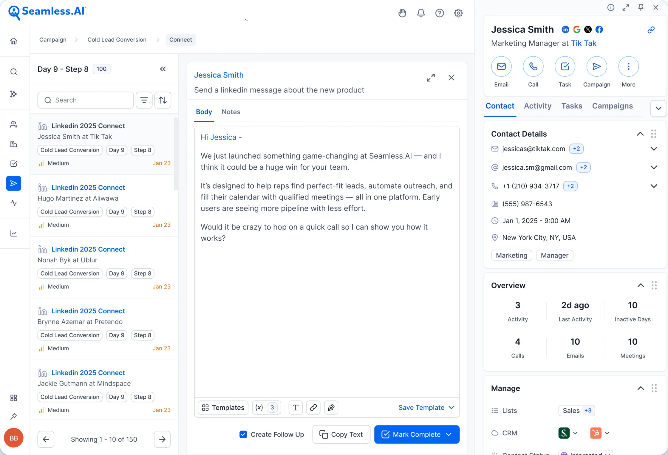 Seamless.AI platform showing of sending a LinkedIn message to a contact without leaving the platform.