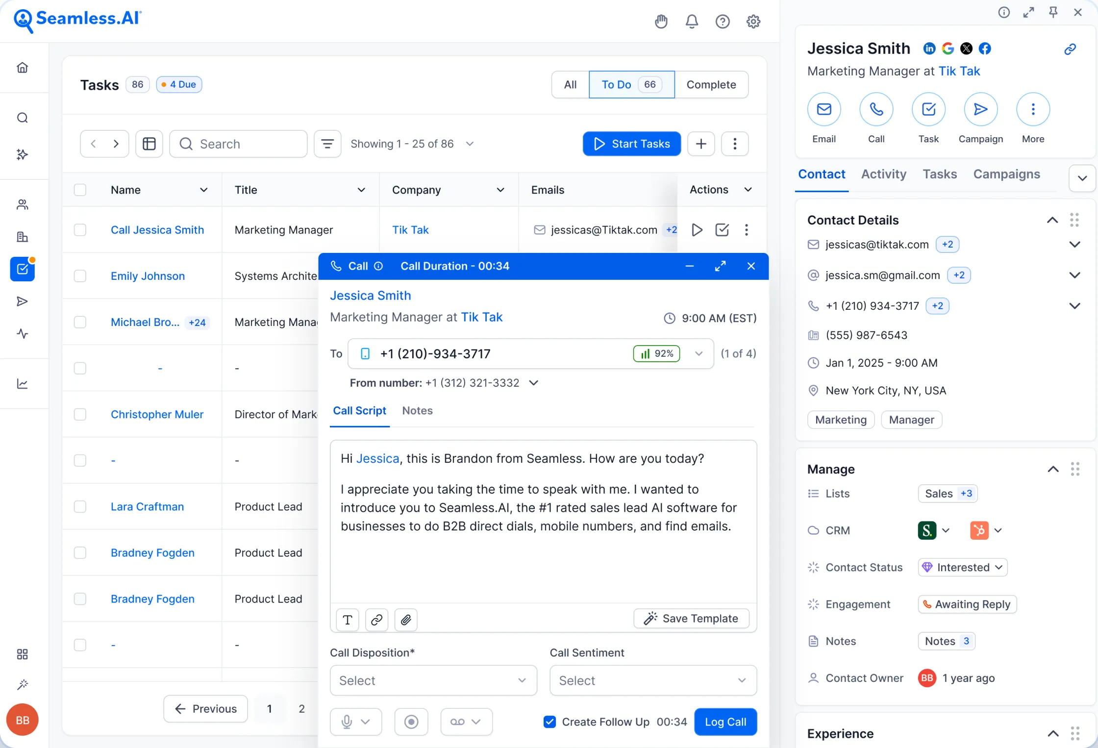 Seamless.AI platform showing working on the task of reaching out to a contact