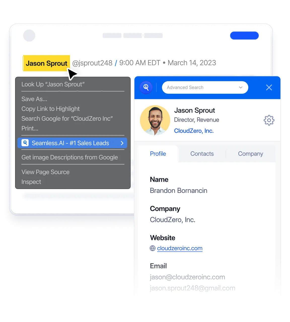 Seamless.AI Chrome Extension finding the contact information from a website using the right-click feature