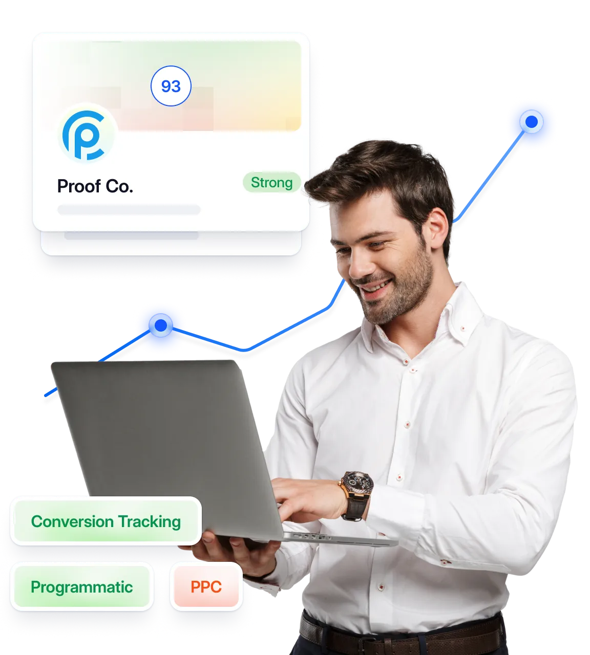 Man browsing in laptop and tracking buyer intent signals for his top topics