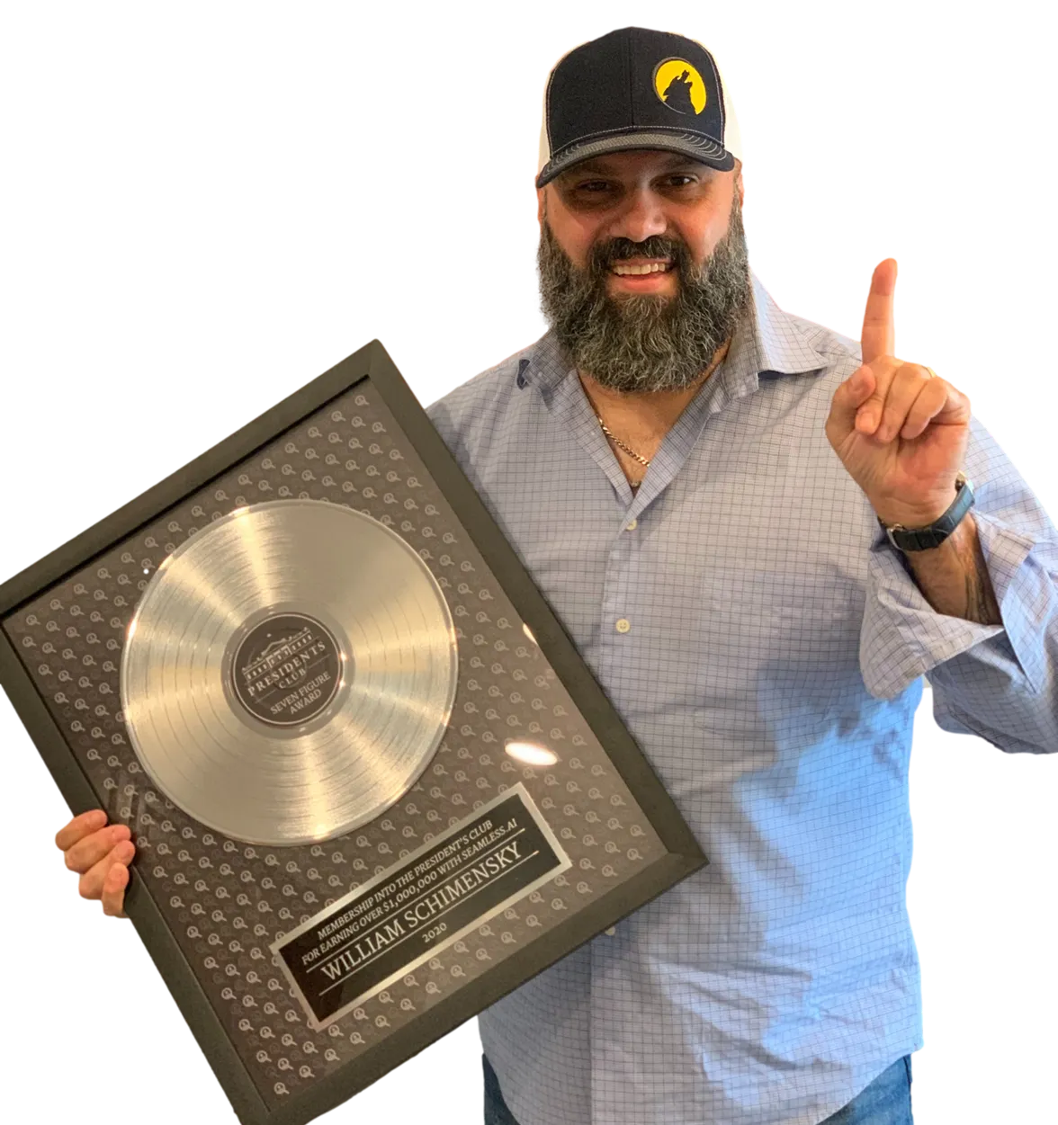 a picture of william schimensky holding up his platinum seven figure president's club award