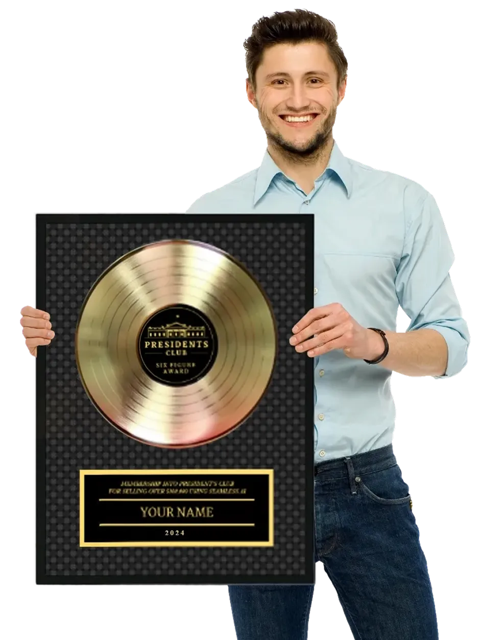 man holding 6-figure President's Club award