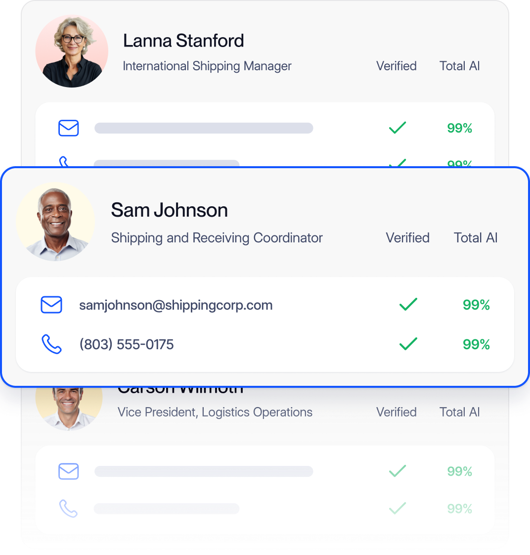 3 contact cards for various transportation industry positions with emails and phone numbers that have been verified by AI.