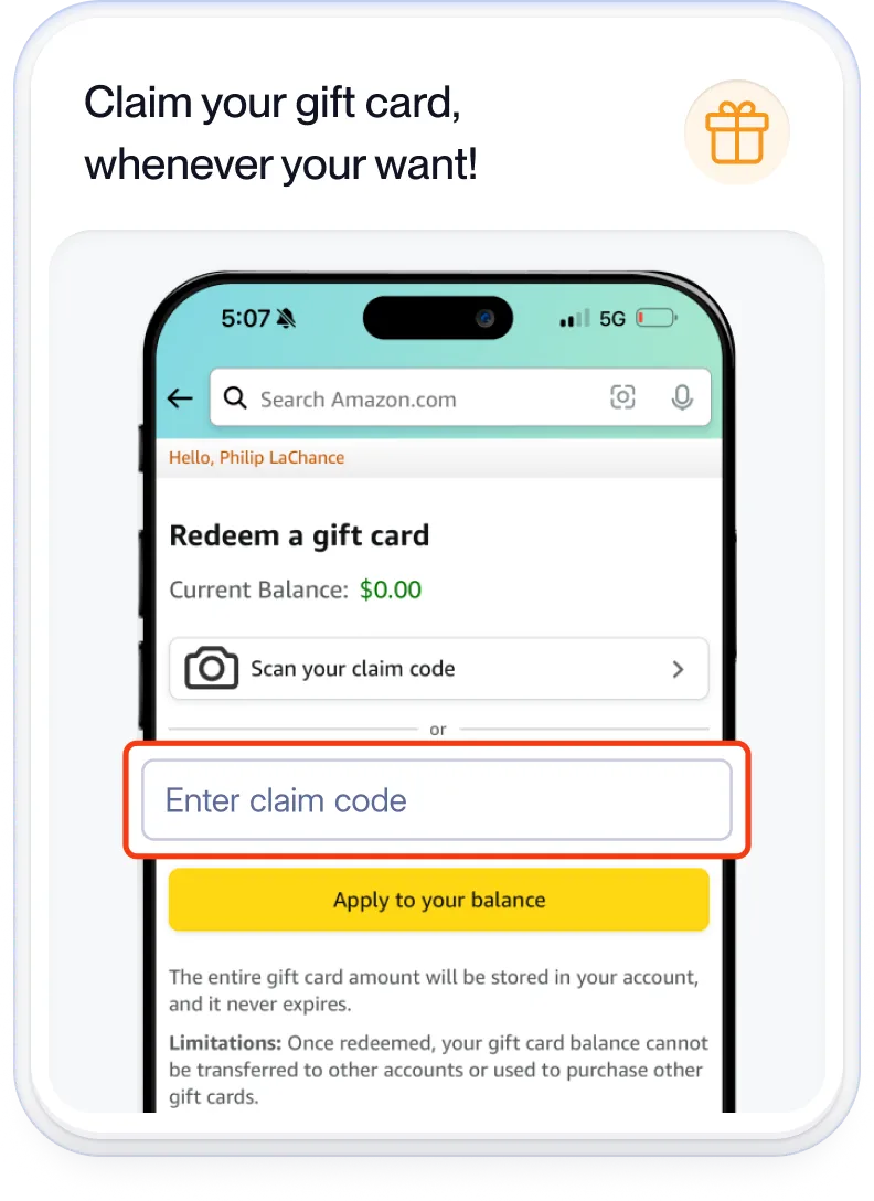 A smartphone screen showing Amazon gift card redemption page with a highlighted "Enter claim code" field.