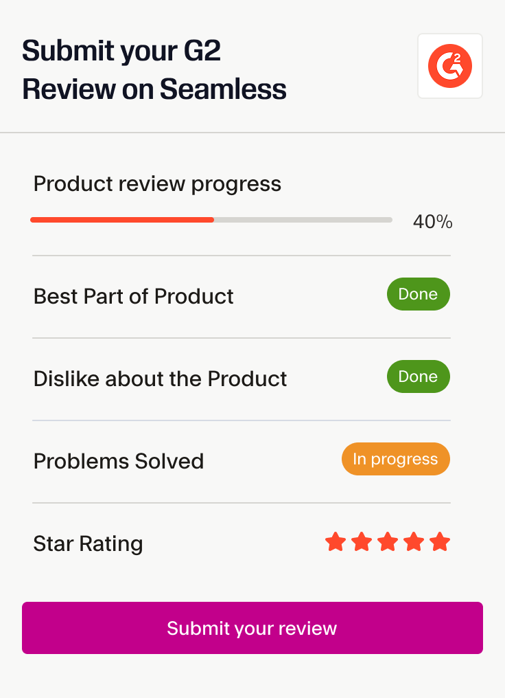 A screen showing review submission form for Seamless.AI on G2 showing progress, ratings, and a highlighted “Submit Your Review” button.