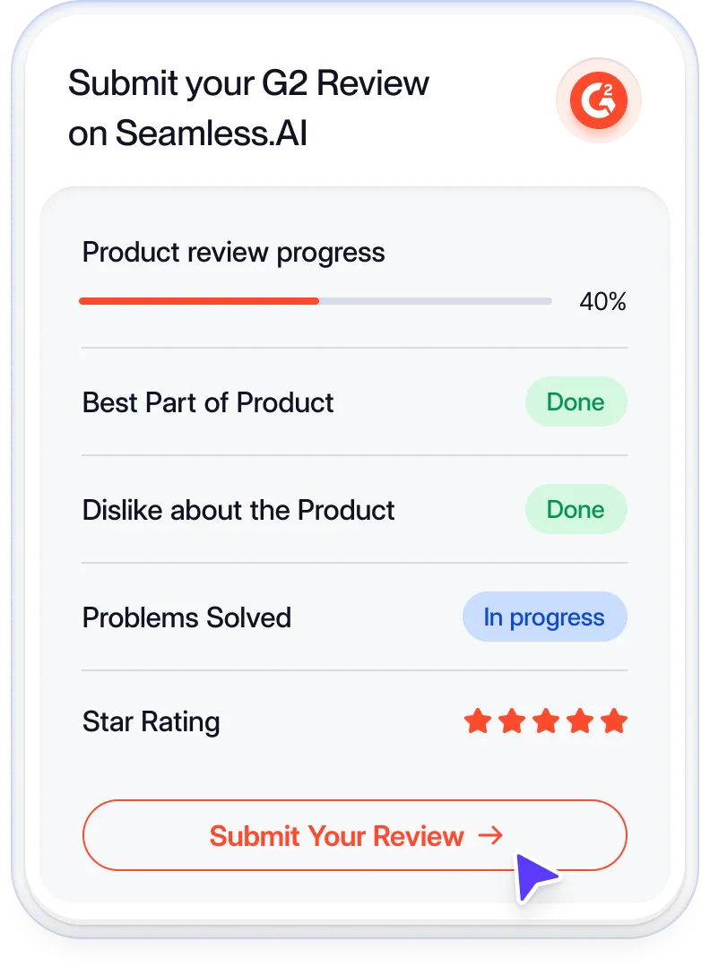 A screen showing review submission form for Seamless.AI on G2 showing progress, ratings, and a highlighted “Submit Your Review” button.
