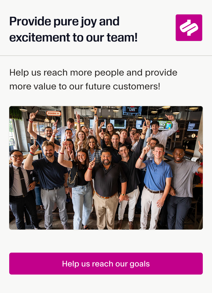 A screen showing a group of smiling people posing together with text encouraging users to help the team reach their goals.