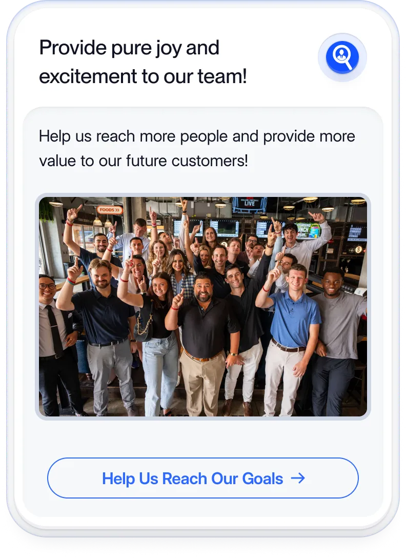 A screen showing a group of smiling people posing together with text encouraging users to help the team reach their goals.