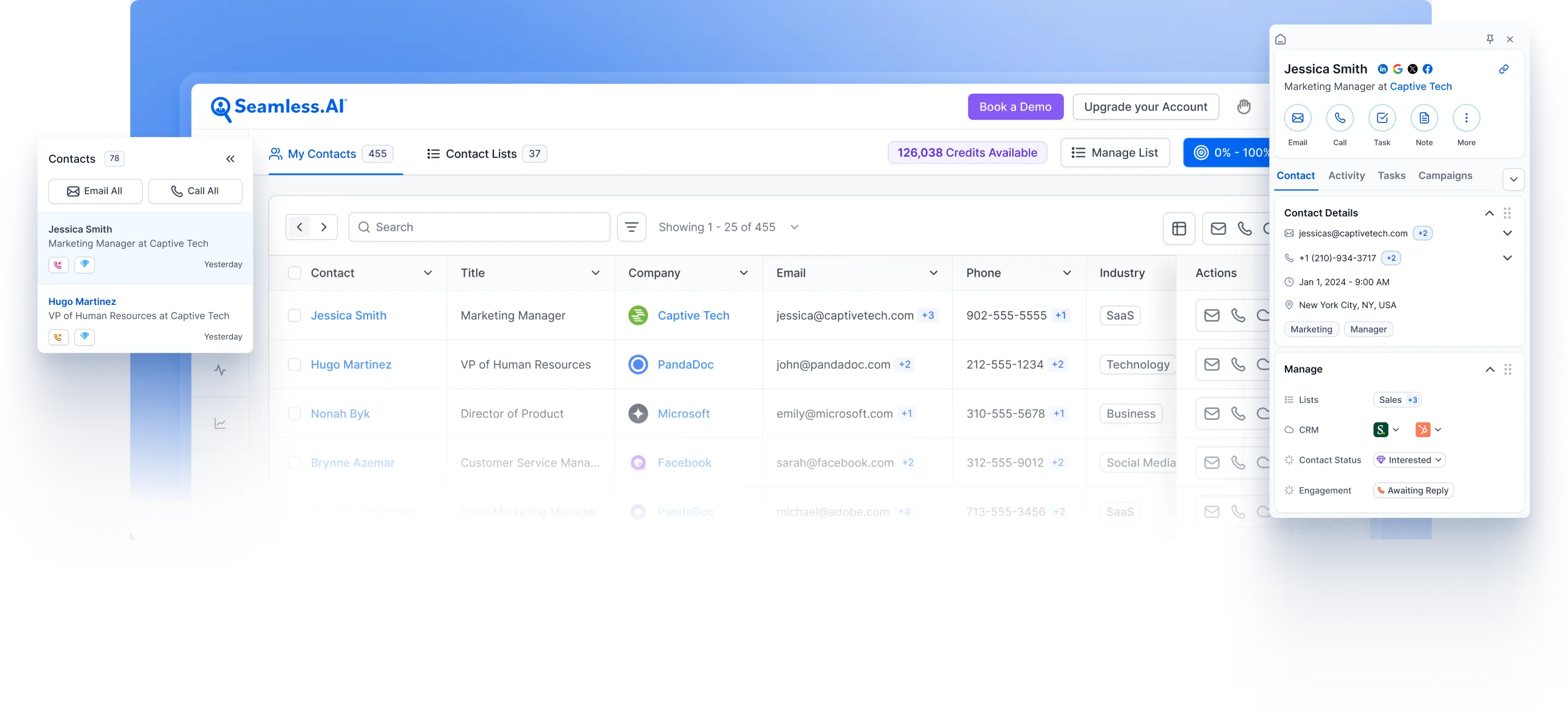 Seamless.AI platform showing off a few of the Connect product screens overlayed on top of each other.