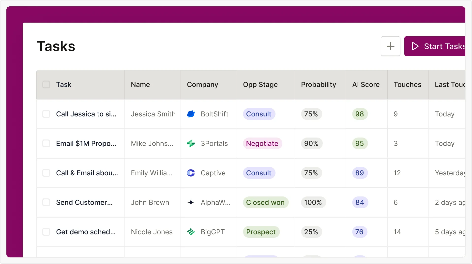 Zoomed in mock up of the Tasks screen in the Seamless platform.