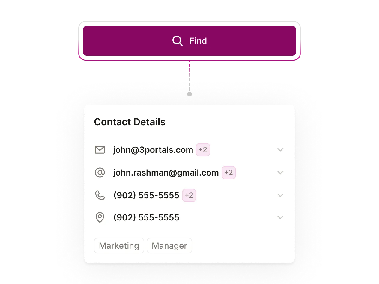 A Seamless Find button connected to a Contact Details block.