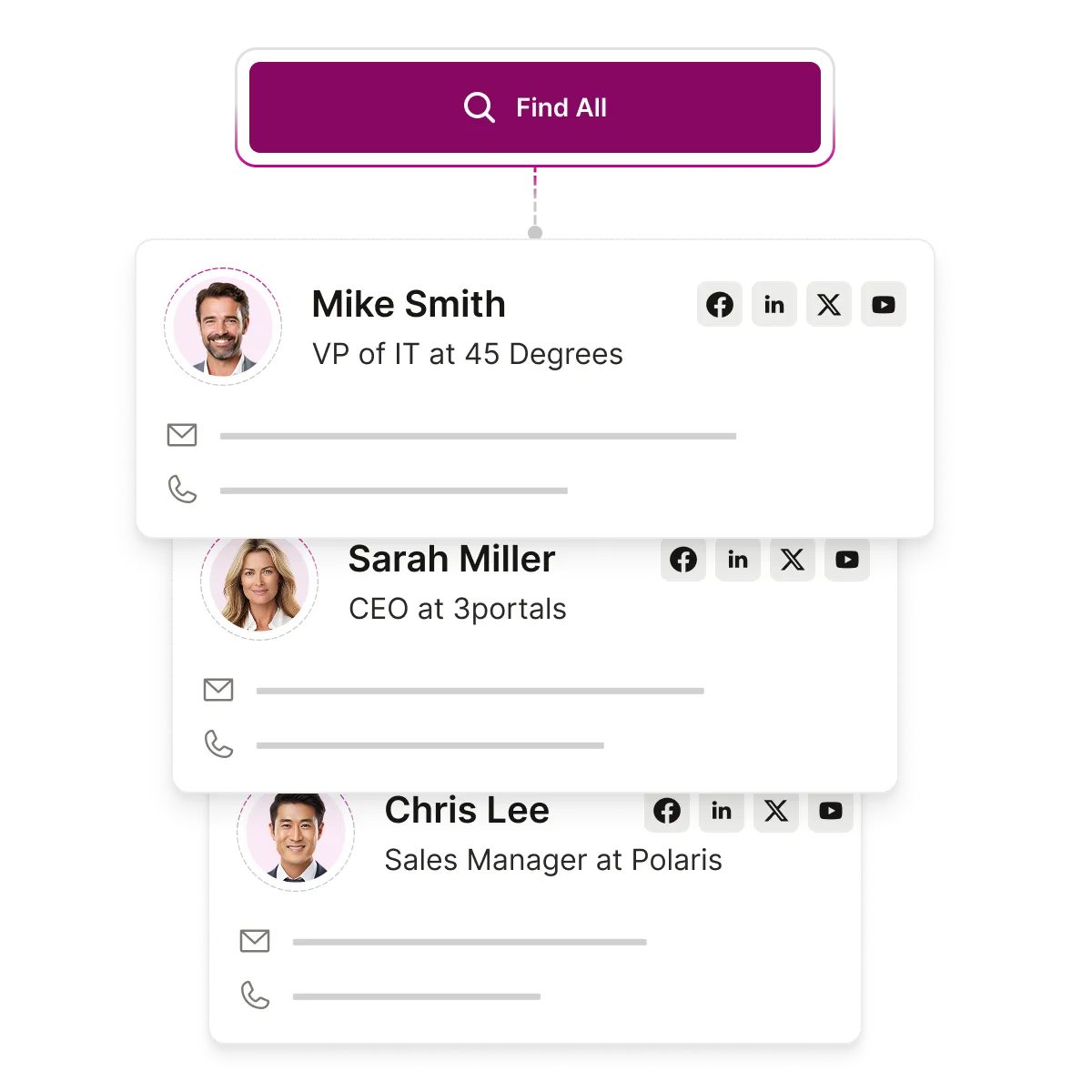 A Seamless Find All button connected to a list of contacts.