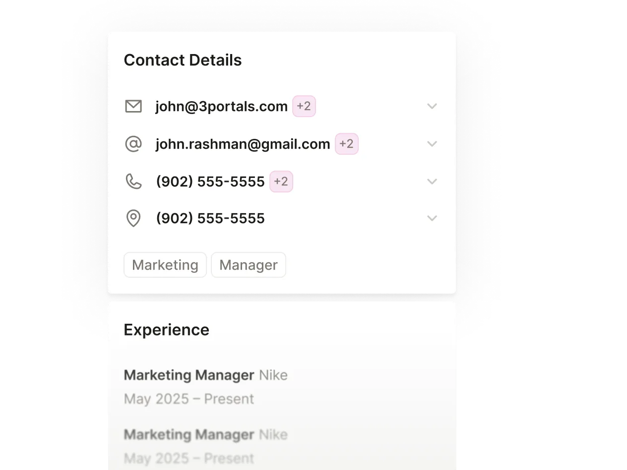 A Contact Details block showing full contact information and an Experience block below highlighting the contact's recent roles.