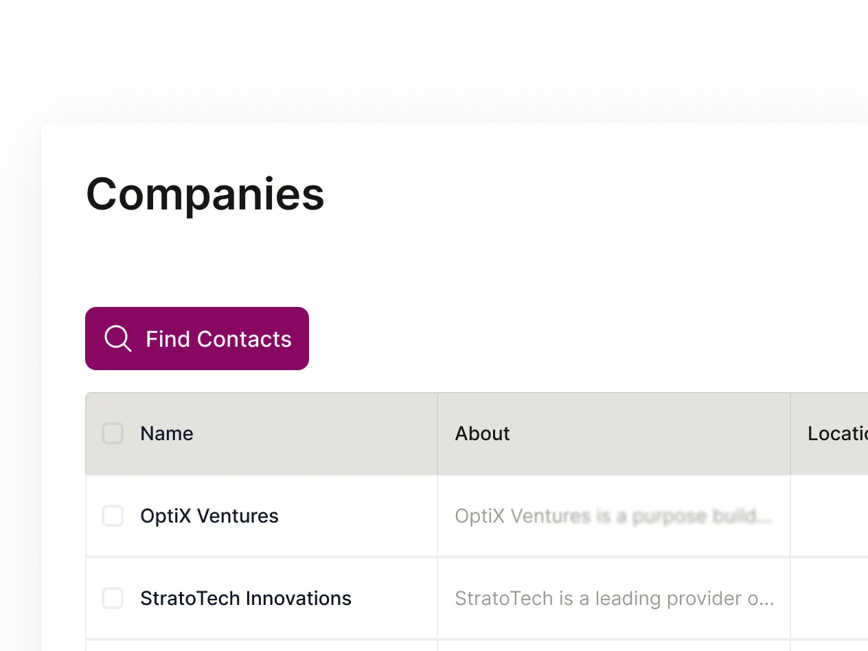 A zoomed in mockup of the Companies table from the platform.