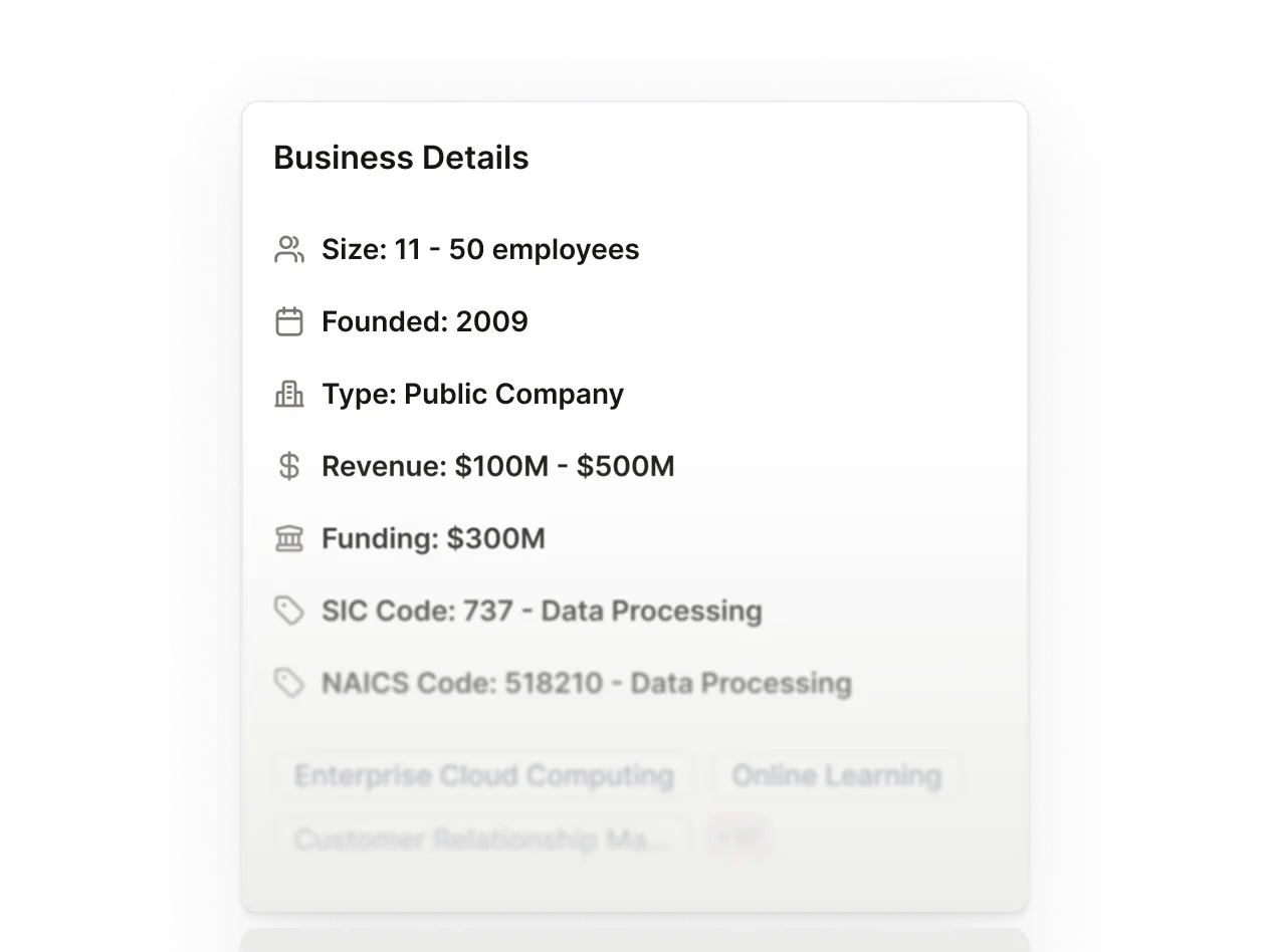 A Business Details block showing data points for an individual company.