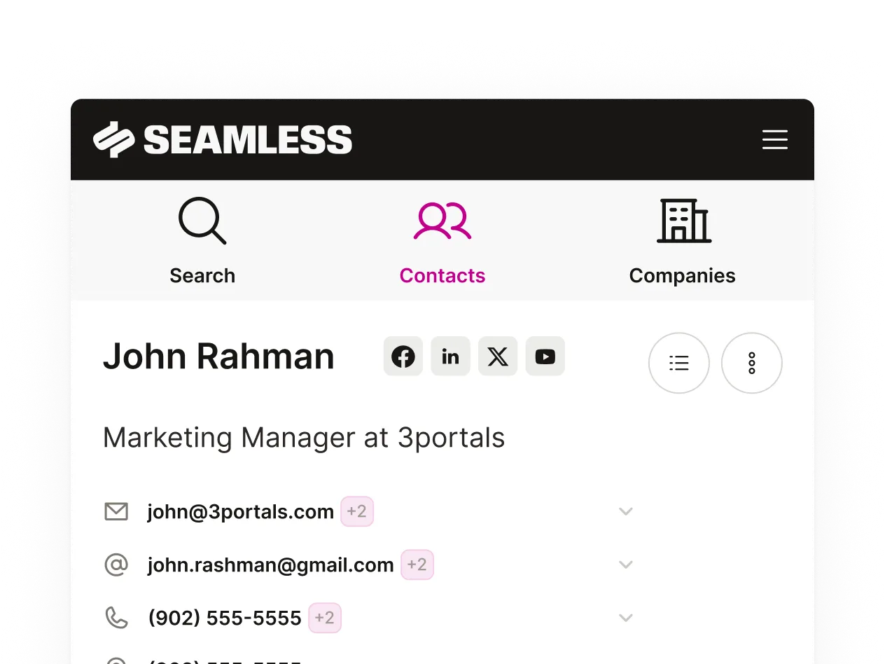 Seamless Chrome Extension highlighting the Contacts menu.