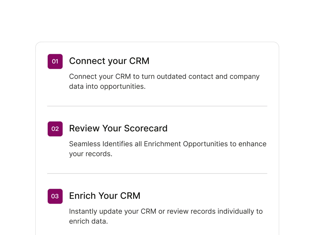 Tips for keeping your data up-to-date:  1. Connect your CRM to Seamless. 2. Review your Enrichment Opportunities scorecard. 3. Enrich your CRM with real-time data.