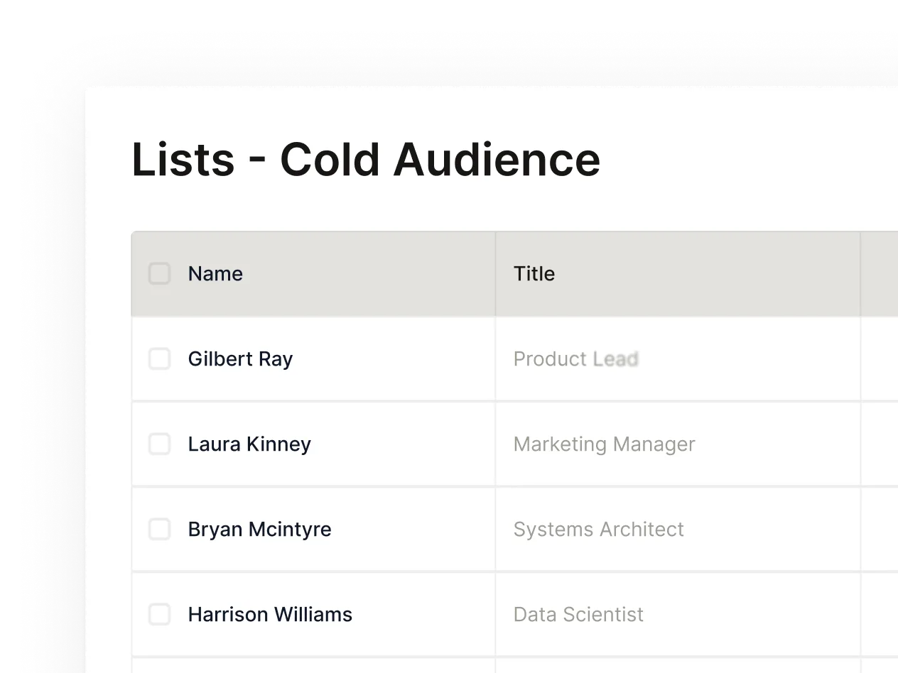 A zoomed in mockup of a Cold Audience list table that can be built in the platform.