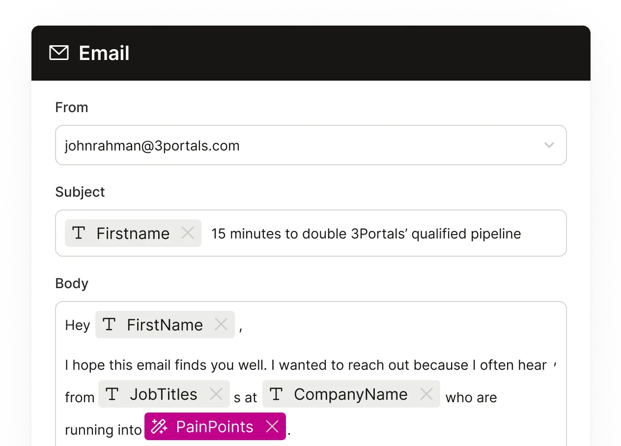 An email composition with tokens of data points being inserted into the message body.