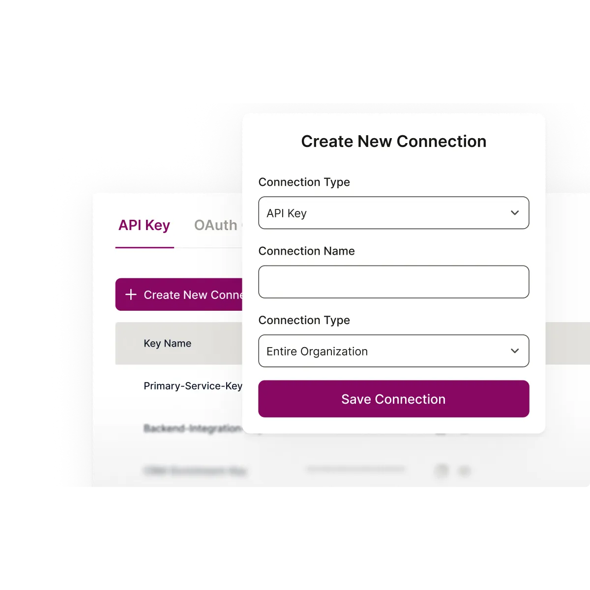 A Create New Connection block to setup a new API connection overlayed on top of the API Key table.