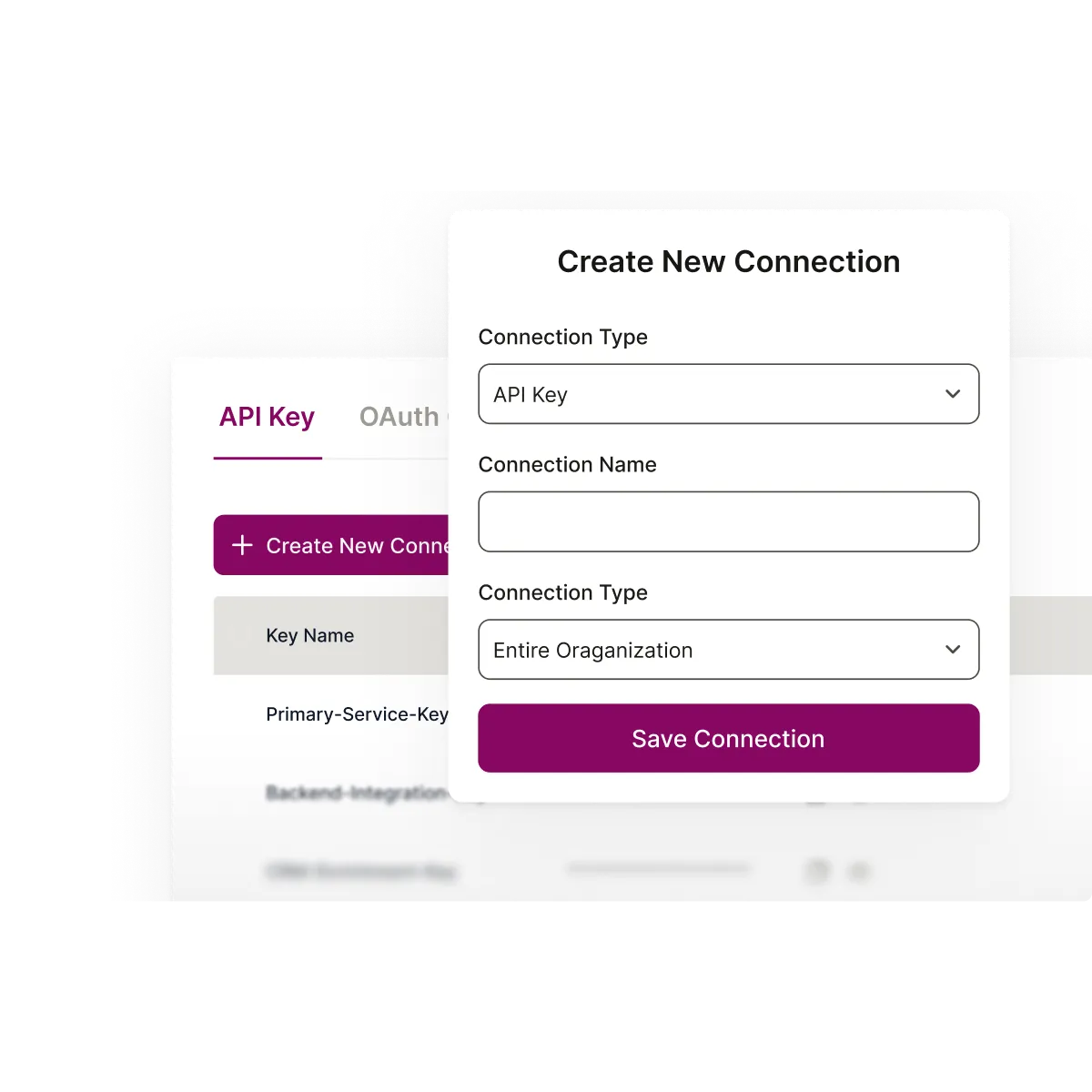 A Create New Connection block to setup a new API connection overlayed on top of the API Key table.