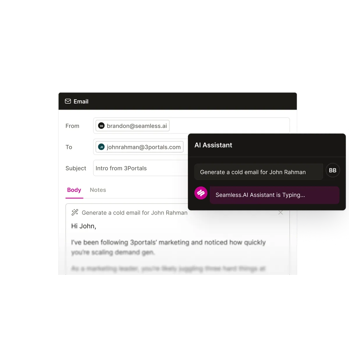An AI Assistant block generating a code email overlayed on top of an email composition.