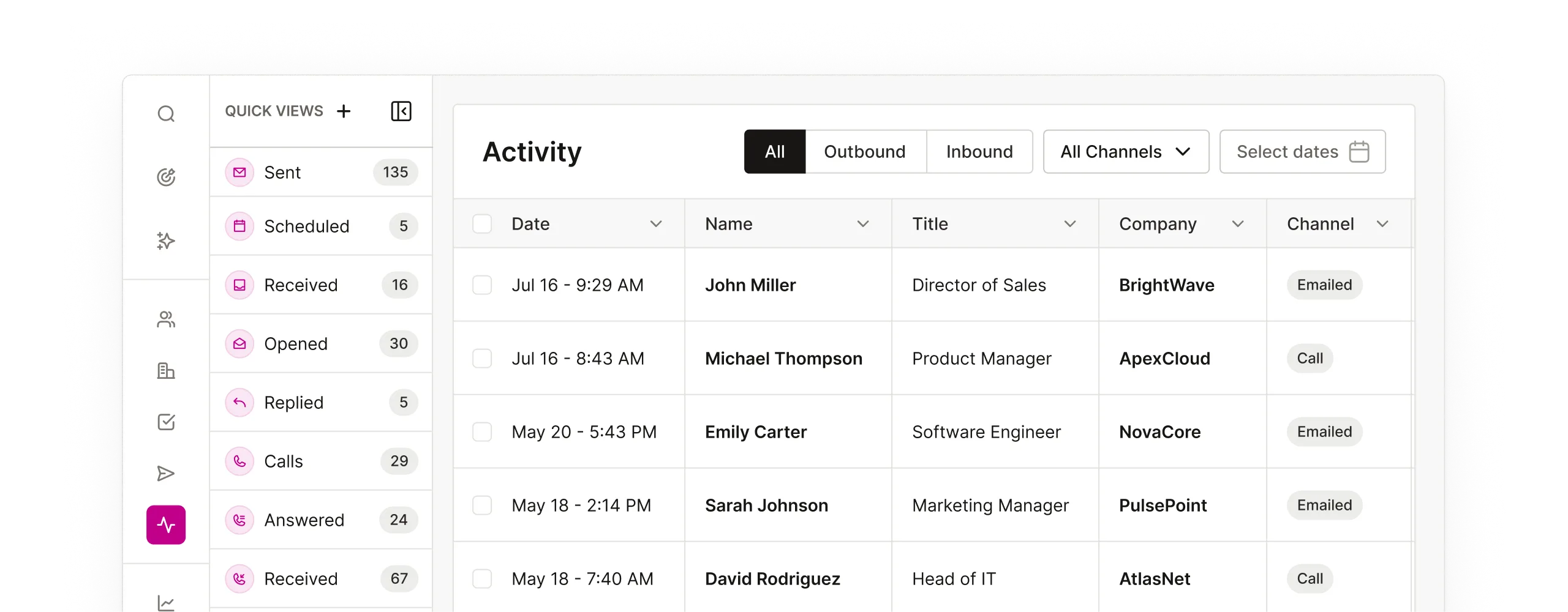 Mock up of the Activity screen within the platform.