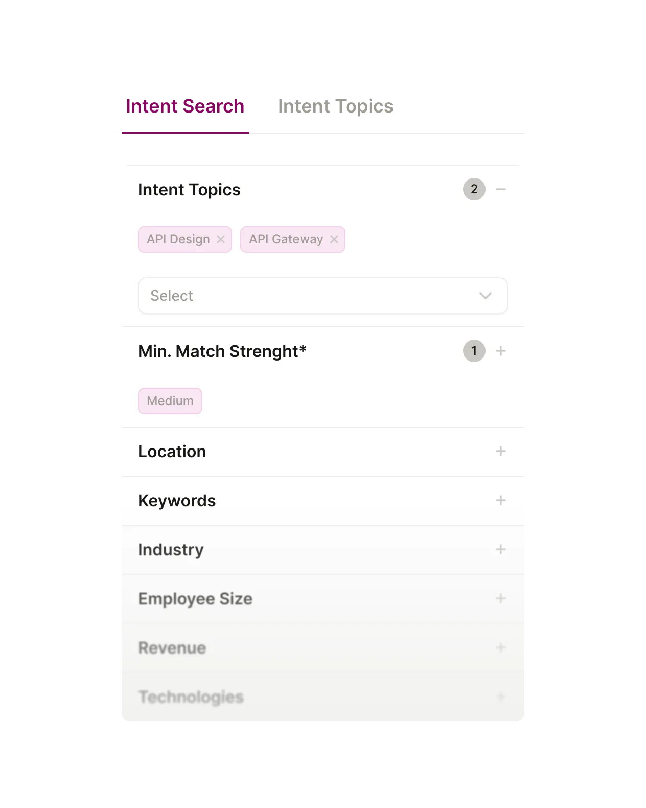 Intent Search filters list showing selections for API Design and API Gateway topics and a medium Minimum Match Strength.