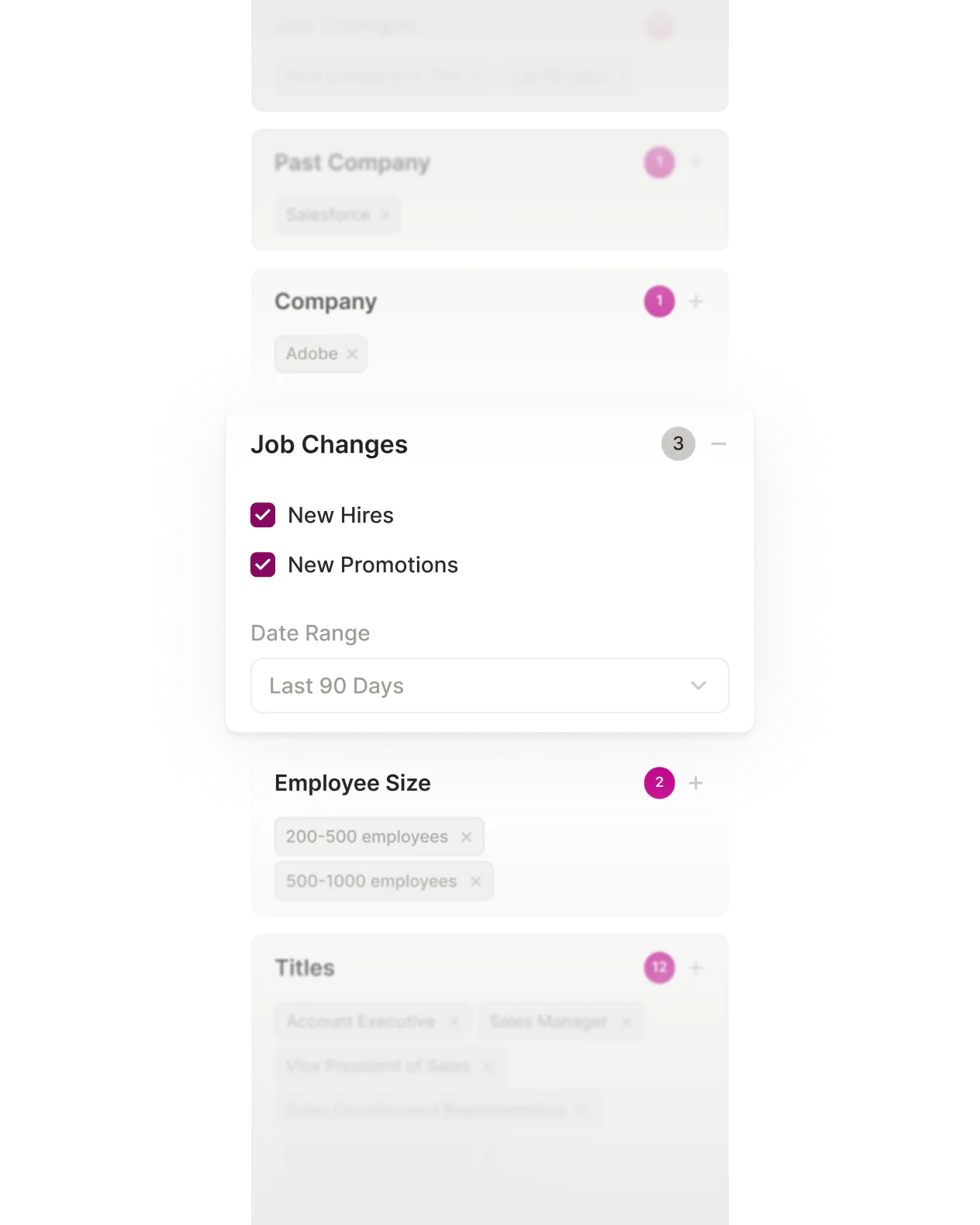 Stack of blocks featuring different filters within Seamless. The Job Changes filter stands out with filters set to match New Hires or New Promotions in the last 90 days.