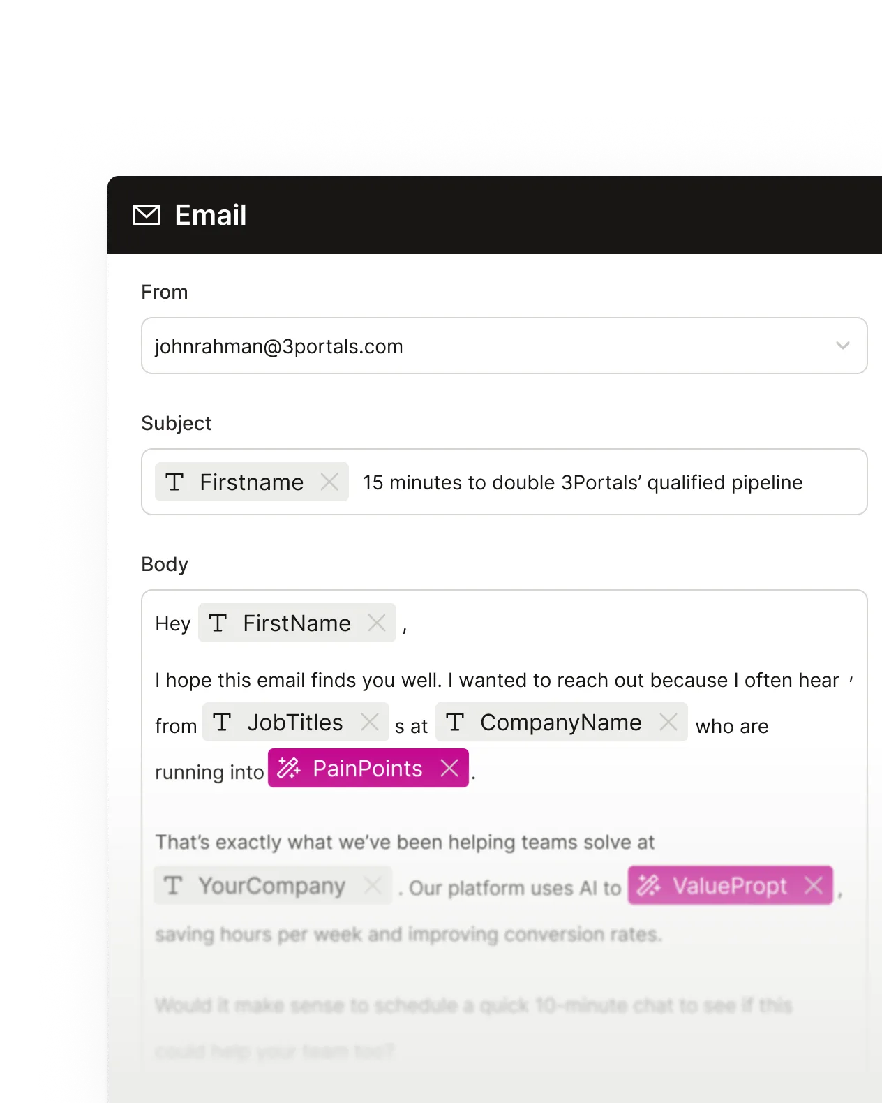 An email composition with tokens of data points being inserted into the message body.