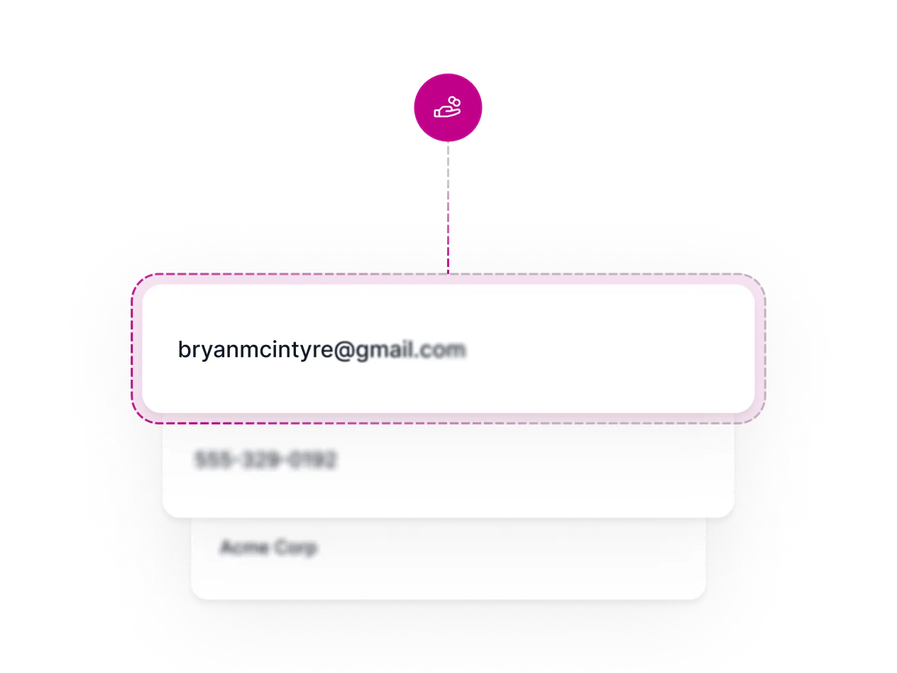 A hand accepting coins icon connected to blocks of contact information being found in real-time.