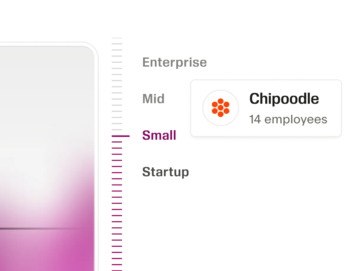 Company card showing a graph highlighting the company as a small business and a company contact card.