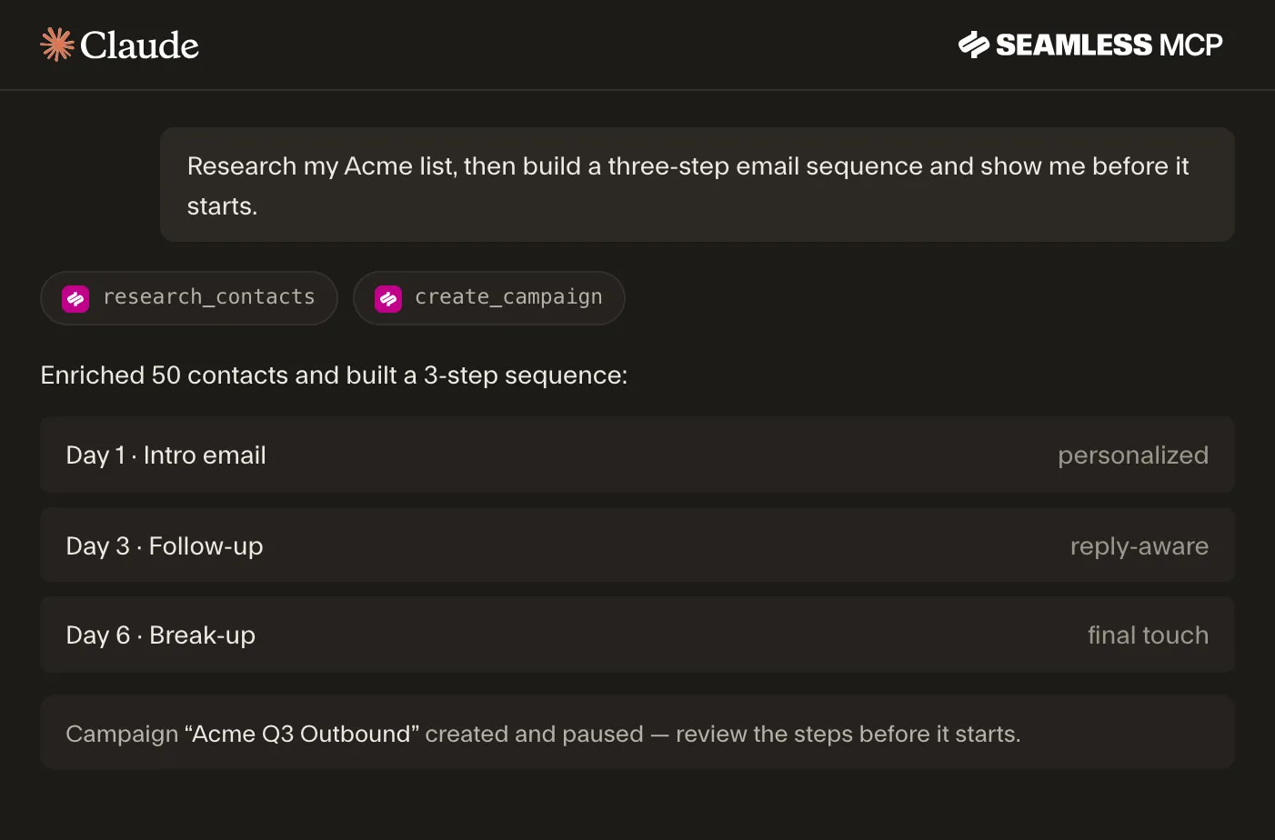 Mock up of Claude using the Seamless MCP server to create an email campaign for a targeted list.