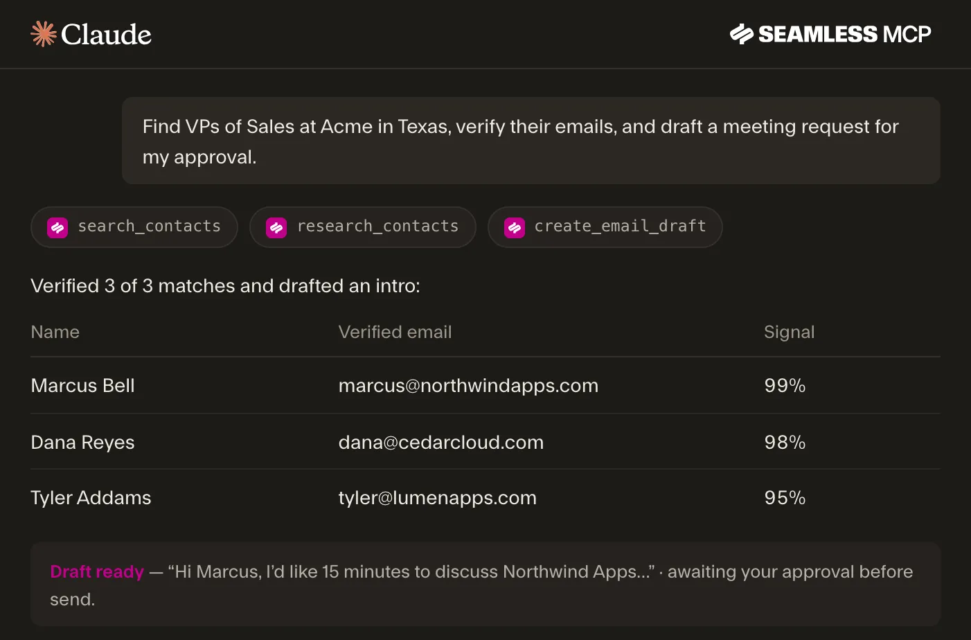 Mock up of Claude using the Seamless MCP server to research contacts and draft a personalized email for each prospect.