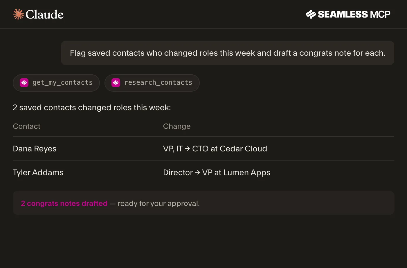 Mock up of Claude using the Seamless MCP server to identify contacts with recent job changes.