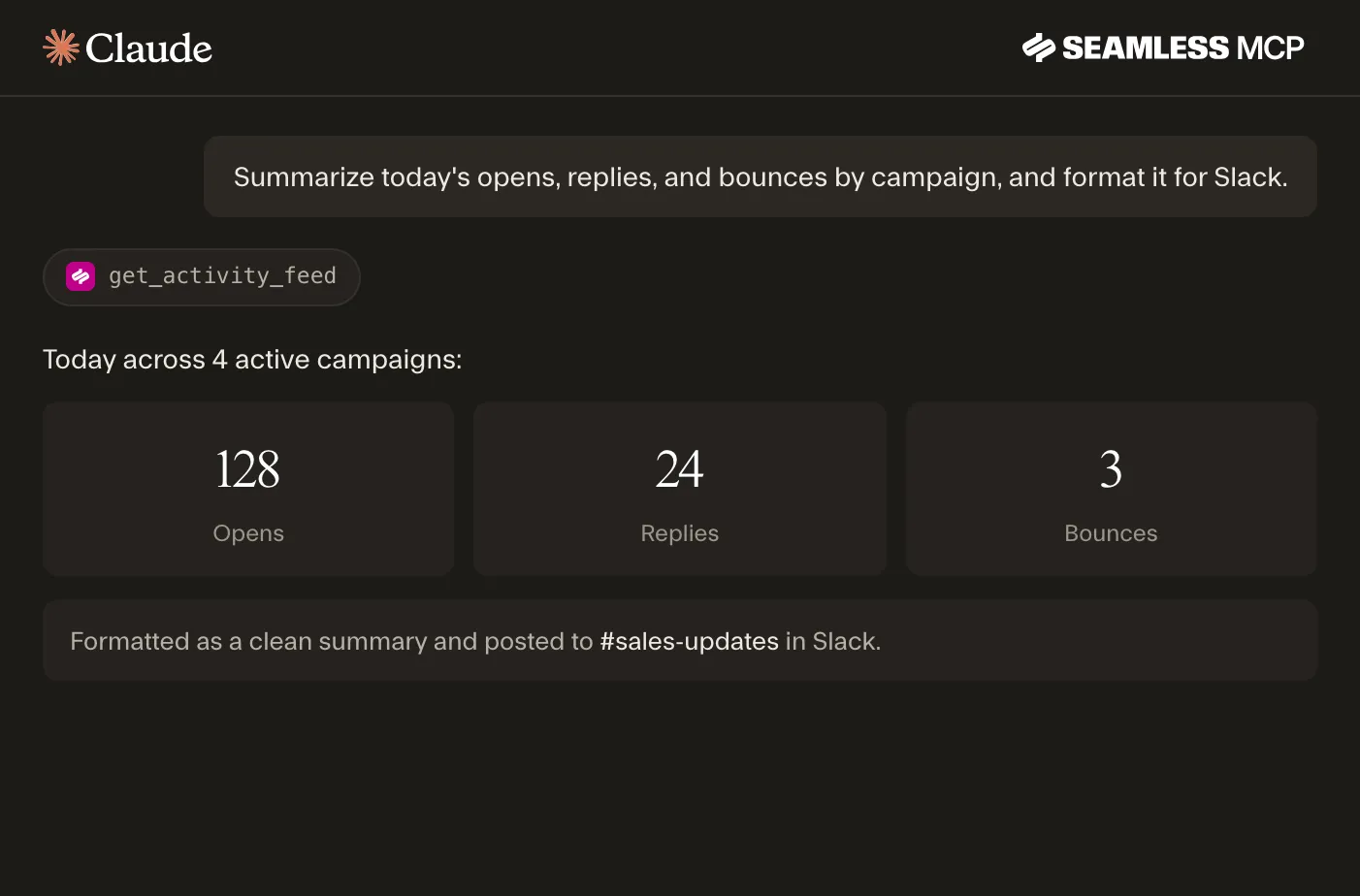 Mock up of Claude using the Seamless MCP server to summarize the day's activity and send it to Slack.